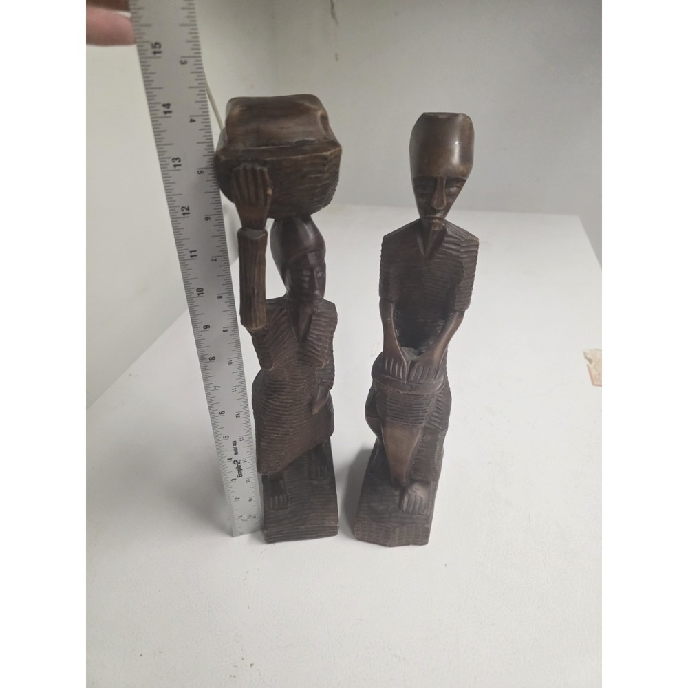 Vintage Hand Carved Wood African Figure Pair Woman Basket & Drummer 14" Folk Art